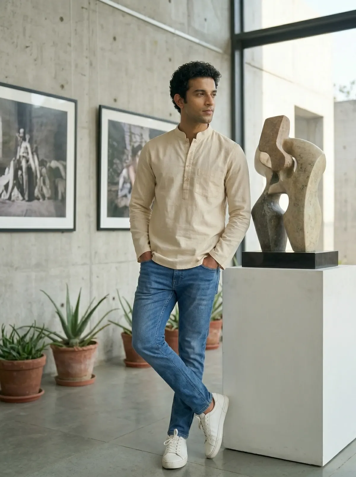 Mens Beige Khadi Pure Cotton Kurta