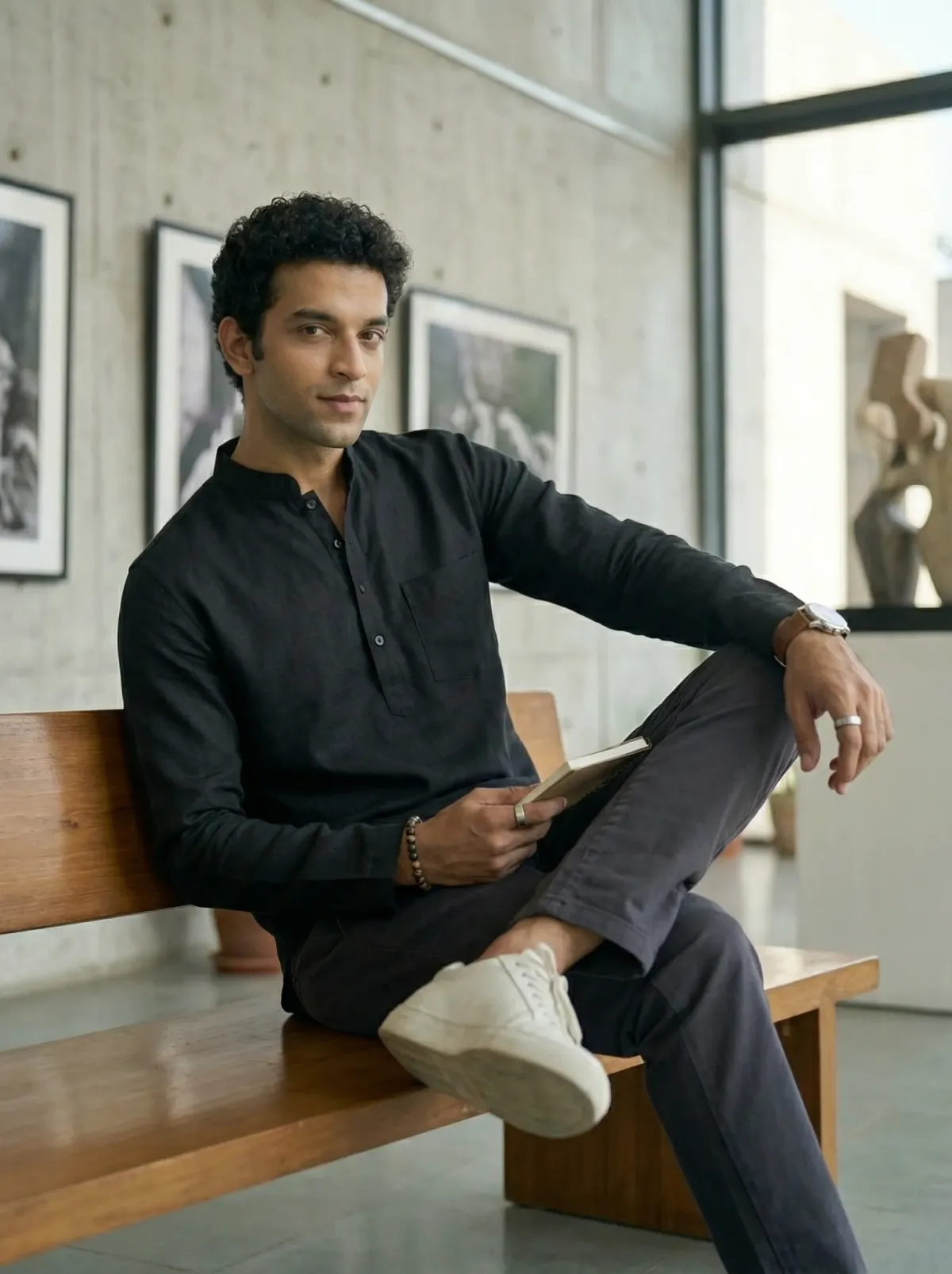 Mens Black Khadi Pure Cotton Kurta