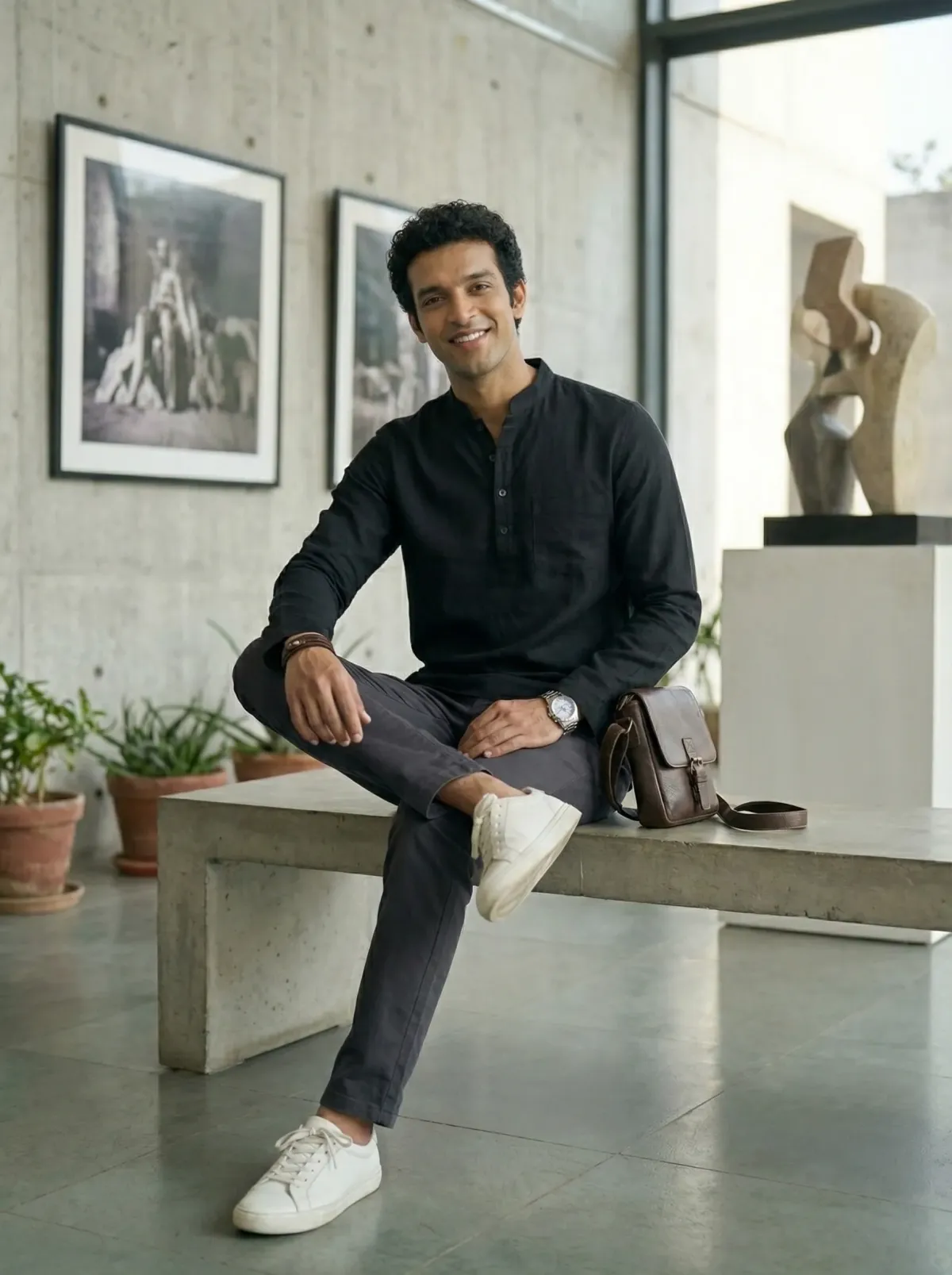 Mens Black Khadi Pure Cotton Kurta