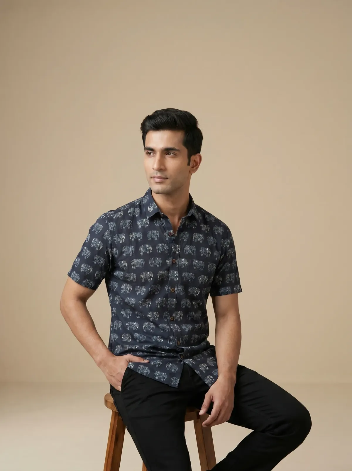 Blue Elephant Motif Cotton Shirt