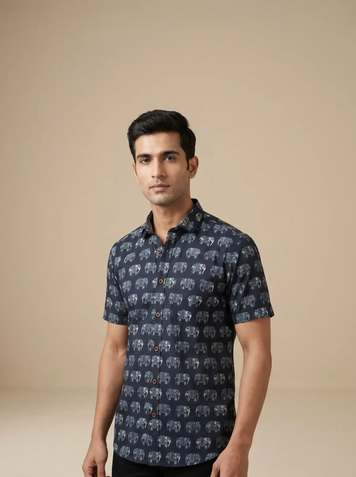 Blue Elephant Motif Cotton Shirt
