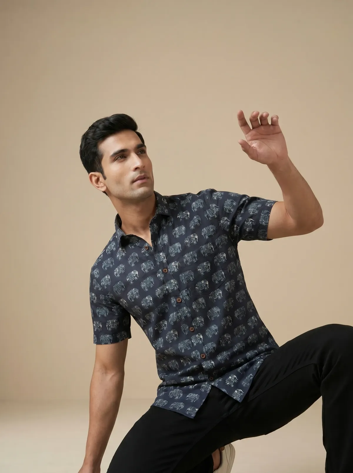Blue Elephant Motif Cotton Shirt