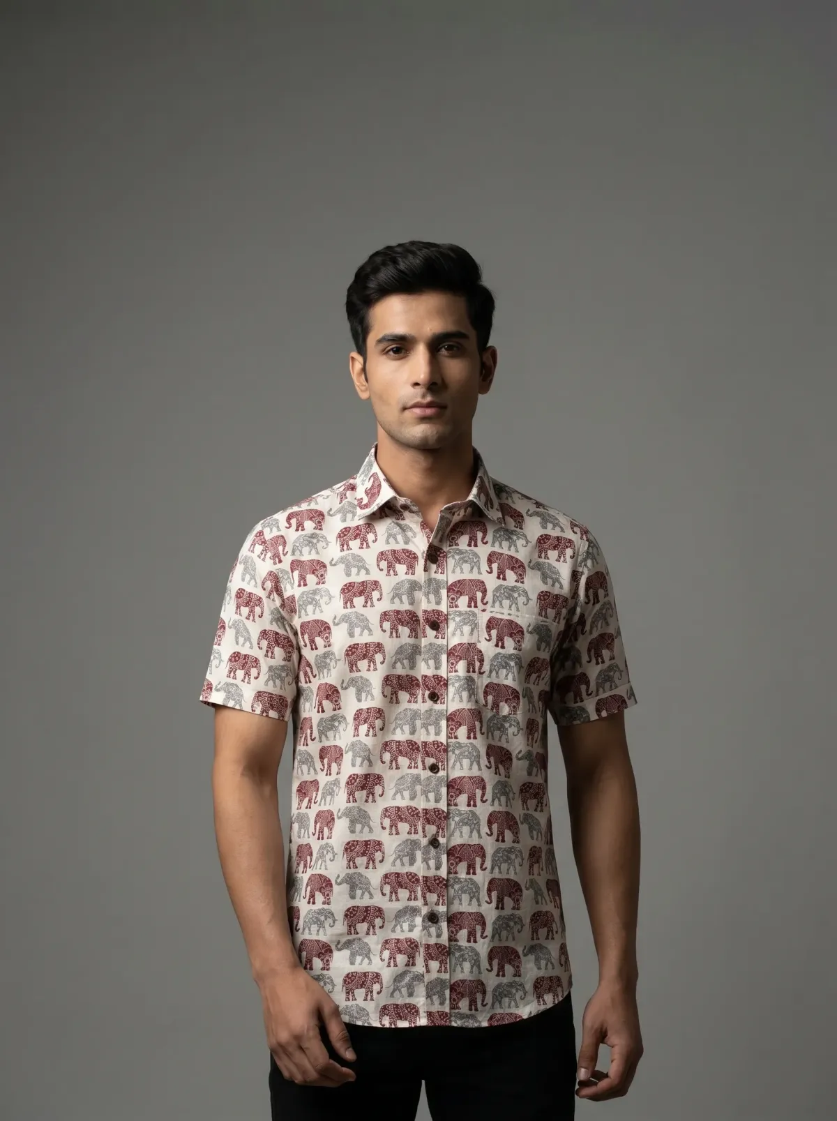 Red&Grey Elephant Cotton Shirt